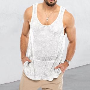 Canotte da uomo HOUZHOU maglia bianca in maglia maglia uomo trasparente sexy vedere attraverso abiti firmati senza maniche Tee streetwear 230422