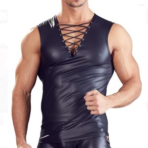 Hommes débardeurs hommes Sexy Faux cuir gilet T-Shirt solide discothèque scène Performance profonde V pôle danse haut à bretelles