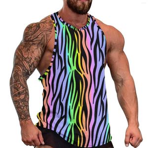 Camisetas sin mangas para hombre, Top con estampado de tigre arcoíris, ropa deportiva a rayas de colores, camisas sin mangas con patrón de gimnasio para playa de talla grande 4XL 5XL