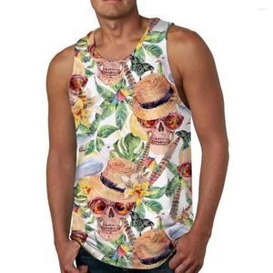 Débardeurs pour hommes Été O-cou T-shirts sans manches Top Crâne Fleurs Imprimer T-shirt Vêtements de sport Garçons Fitness Sports de plein air Gilet Plage