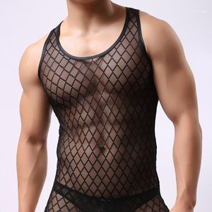 Débardeurs pour hommes en gros - Noir Hommes Sexy Undershirts Hommes Singlet Transparent Mesh Vest Net Yarn T Shirt Body GAY Wear Sheer1