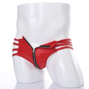 Men's Sexy Leather-Look Thongs with Zipper Pouch, Low Rise G-String Underwear in Black and Red