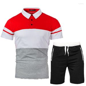 Chándales de hombre 2023 Verano Hombre Patchwork Camiseta de manga corta Pantalones cortos Traje de 2 piezas Solapa Polo delgado Conjuntos de hombre Cintura elástica Tamaño asiático