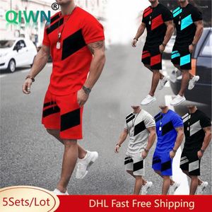 Suisses de survêtement masculines 5sets en gros en gros des vêtements pour hommes ensembles patchwork o-cou pches de t-shirts shorts à crampons deux pièces mâle tenue décontractée 8130