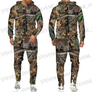 Chándales para hombres Otoño e invierno Hojas de arce Camuflaje Cremallera 3D Chándales Hombres Pesca al aire libre Camping Conjuntos de caza Trajes de calle unisex T231122