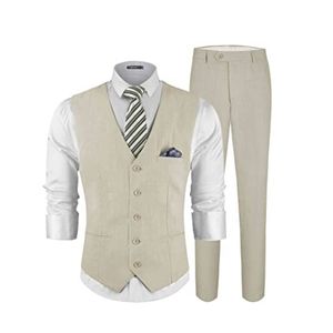 Suisses de survêtement masculines Gilet et pantalon de lin pour hommes beige Business Slim Solid Fit Wedding Grooms Work Work avec Pocket Square 230812