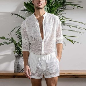 Chándales de los hombres Ropa Traje de moda Hombres 2 piezas Conjunto de ropa Hollow Out Sexy Lace Manga corta Camiseta casual Top Shorts Verano Color sólido 230311