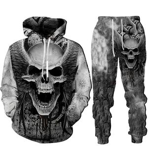 Chándales para hombre Cool 3D Skull Print Sudaderas con capucha para hombre Trajes Chándal de moda Otoño e invierno Cremallera Sudadera con capucha Pantalones Dos piezas S