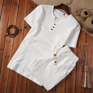 Chándales de algodón y lino para hombre, conjunto de camisa blanca y pantalones cortos de estilo chino, Jersey, camisas de manga corta con botones, traje informal de verano 2022 Plus 5XL