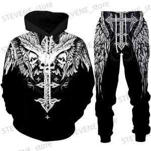 Survêtements pour hommes Gothic Skull Tattoo 3D Sweat à capuche imprimé / Survêtement Mode Hommes Moto Biker Sportswear Set Cool Graphic Sweatshirt + Pantalon Costume T231122