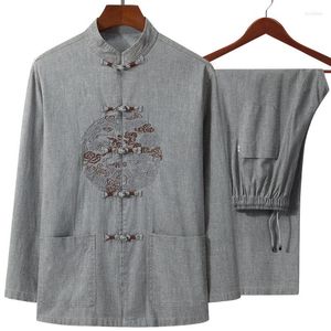 Survêtements pour hommes gris (pantalon chemise à manches longues) 2 pièces/ensemble haute qualité coton lin 4XL hommes Tai Chi costume classique Wu Shu vêtements