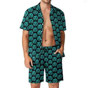 Survêtements pour hommes Halloween Hommes Ensembles Sarcelle Citrouille Imprimer Casual Chemise Ensemble Hawaii Beachwear Shorts Été Costume Personnalisé Deux Pièces Vêtements Grand