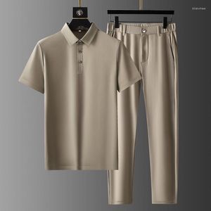 Men's Tracksuits Ice Silk Elastic Tracksuit Summer Thin Sets Quick Drying Polo Shirt Casual Pants Two Piece Set Men's Lapel Sports Suit