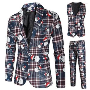 Chándales para hombre Estampado de Navidad para hombre Traje de 3 piezas Blazer Chaleco y pantalones Slim Single Button V-cuello Tuxedos Navidad Coat Pant