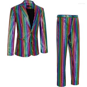 Chándales para hombre, traje ajustado metálico para hombre, conjunto de dos piezas, traje de baile de discoteca de los años 70, chaqueta de lentejuelas a cuadros arcoíris, pantalones, baile, Navidad