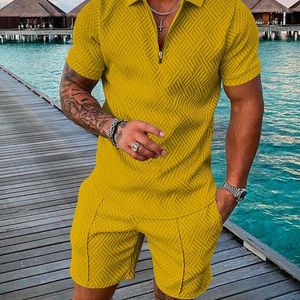 Chándales para hombre Conjunto de traje para hombre Estampado de color sólido en 3D Camisa polo de manga corta de verano Pantalones cortos Cremallera de moda para hombre de dos piezas