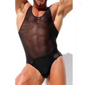 Survêtements pour hommes Hommes Bodys Mesh Transparent O-Cou Sans Manches Solides Barboteuses Mâle Débardeurs Fitness Sexy Bretelles Body