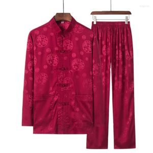 Survêtements pour hommes Hommes Automne Traditionnel Chinois Satin Soyeux Wu Shu Vêtements À Manches Longues Chemise Pantalon Tai Chi Costume Plus La Taille 4XL