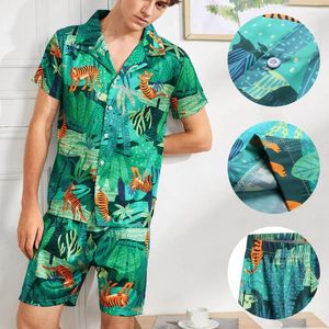 Chándales para Hombres Moda para Hombres Traje De Pijamas Casual Impreso Manga Corta Top Pantalones Cortos Imitación Seda Color Ding Home