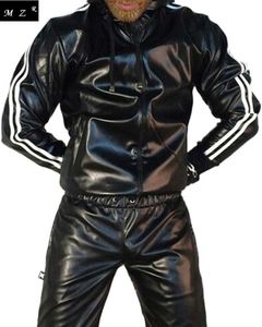 Chándales de los hombres Hombres PU cuero brillante Wetlook chaqueta con capucha traje de jogging ropa deportiva Z0224