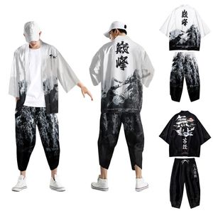 Survêtements pour hommes Mens Urban Leisure Casual Antique Impression numérique Kimono Cassock Cardigan Chemise Pantalon Costume Suite Slim FitMen's
