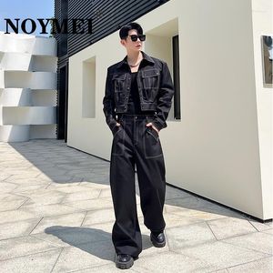 Survêtements pour hommes Noymei 2023 Automne Open Line Jacket Straight Wide Leg Pantalon décontracté Deux pièces Ensemble Noir Mode Style coréen Costume masculin