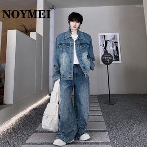 Survêtements pour hommes Noymei 2023 Automne Costumes Perle Rivet Décoration Denim Revers Veste Droite Jambe Large Jean Lâche Deux Pièces Ensemble WA2949