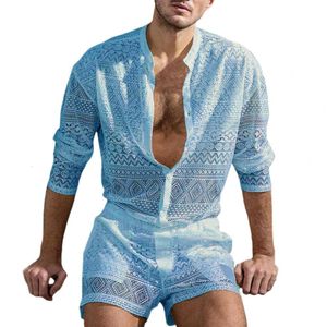 Männer Trainingsanzüge ropa hombre Herbst 1 Set Männer Top Shorts Aushöhlen Einfarbig Spitze Durchsichtig Outfit für Hochzeit Nacht männer Zwei Stück Anzüge 230724