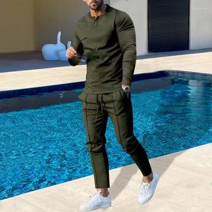 Survêtements pour hommes Printemps et automne Simple Commuter Henley Chemise Vêtements Sports Loisirs Couleur unie Pantalon à manches longues Ensemble deux pièces