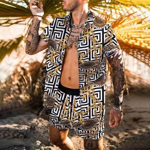 Chándales para hombre Conjunto de camisa de manga corta con estampado hawaiano de verano Pantalones cortos con cadena de playa Ocio diario S-3XL de dos piezas