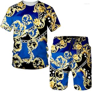 Chándales de verano de lujo para hombre, conjunto de cadena dorada con estampado 3D para hombre, traje de pareja hawaiano a la moda, ropa de calle informal para mujer, camiseta/pantalones cortos/traje