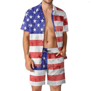Chándales de los hombres Vintage EE. UU. Bandera Hombres Conjuntos American Blue Stars Imprimir Pantalones cortos casuales Ropa de playa Conjunto de camisa Traje de Hawaii Manga corta Tallas grandes