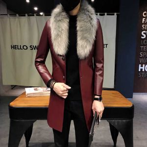 Trenchs pour hommes 2018 Hommes Long Cuir Noir Manteau Bourgogne Erkek Palto Col De Fourrure Or Hommes Manteaux Slim Fitxssd