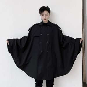Gabardina para hombre, otoño 2021, tipo capa con doble botonadura, abrigo cortavientos con mangas, capa negra de longitud media de gran tamaño