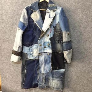 Capas de zanjas masculinas McIkkny Men Hi Street Reped Patchwork denim Techwear de doble pecho Windbrea