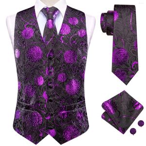 Coletes masculinos preto roxo mens seda paisley gravata lenço abotoaduras sem mangas terno colete conjuntos de negócios designer presente hi-tie