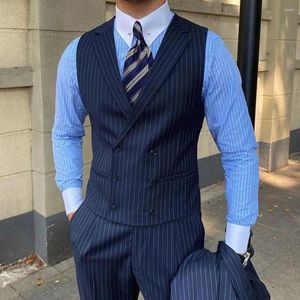 Chalecos de hombre Estilo británico Chaleco de traje a rayas de negocios Retro Doble botonadura Elegante Slim Solapa Chaleco casual Moda