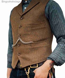 Men's Vests Business Mens Suit Vest Lapel V Neck Wool Herringbone Casual Brown Waistcoat Casual Formal Groomsman Jacket For WeddingL231014