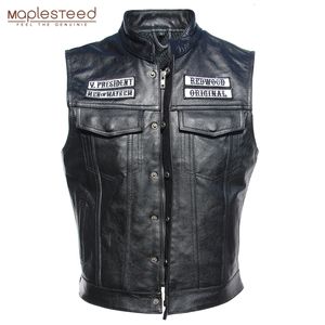 Men's Vests Embroidery Motorcycle Vest Men Leather Sleeveless Jacket Real Cowhide Club Riding Biker M008 230725