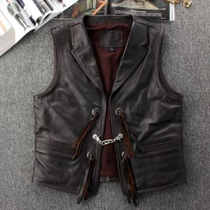 Gilets pour hommes en cuir véritable gilet hommes moto Biker cuir de vachette gilet costume col sans manches veste chaîne en métal Punk manteau