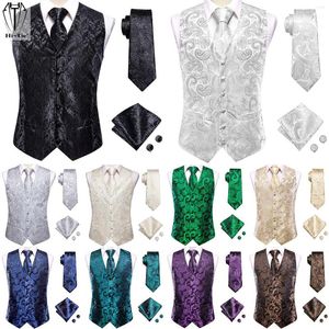 Chalecos para hombres Hi-Tie Seda Chaleco para hombre Conjunto de corbata Traje Chaleco Sin mangas Chaqueta Corbata Hanky Gemelos Hombre Boda Negocios Negro Blanco Plata