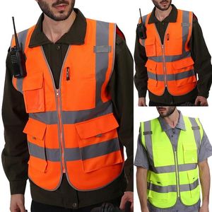 Chalecos para hombre Chaleco con cremallera de alta visibilidad Tiras reflectantes de seguridad ligeras delanteras Tela de protección superior Chaqueta de trabajo fluorescente