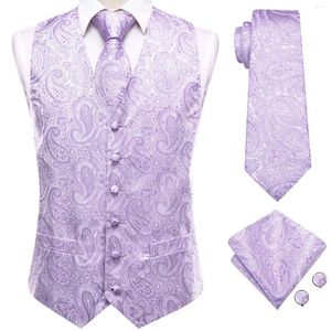 Chalecos para hombre, corbata de Paisley de seda púrpura claro, pañuelo, gemelos, traje sin mangas, conjuntos de chaleco, regalo de diseñador de boda, corbata alta