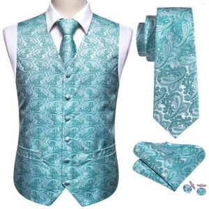 Hommes gilets hommes bleu sarcelle Paisley costume gilet soie gilet cravates formelles boutons de manchette poche carré ensemble smoking mâle cadeau Dobby Barry.Wang