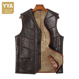 Hommes gilets hommes col en v en cuir véritable laine gilet hiver épaissir simple boutonnage sans manches veste 2021 affaires motard gilet surdimensionné 4XL