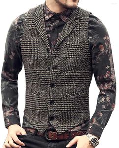 Hommes gilets hommes Vintage Plaid laine Tweed costume gilet décontracté cran revers gilet pour mariage garçons d'honneur