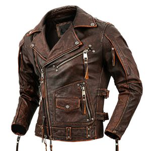 Men's Vests Motorcycle Cowhide Genuine Leather Jacket Men Slim Stone Milled Retro Calfskin Coat Moto Biker Riding Clothes 230726