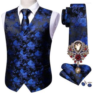 Gilets pour hommes bleu marine Designer hommes costume de mariage gilet Paisley Jacquard tissé Folral soie gilet cravate broches ensemble Barry.Wang marié