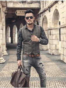 Gilets pour hommes Gilet de costume Vintage/Denim laine Tweed veste à carreaux classique messieurs col en V Gilet pour les garçons d'honneur de mariage Gilet Homme