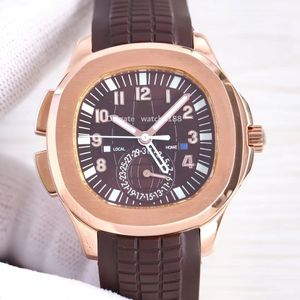 Reloj para hombre, correa de goma deportiva, relojes mecánicos automáticos, parte posterior marrón oscuro, hebilla plegable transparente, relojes con caja de acero inoxidable con pantalla de hora dual de 42 mm